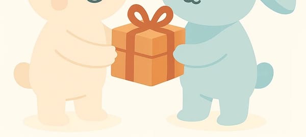 Two fictional characters holding a gift
